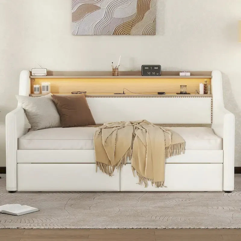Divano letto imbottito singolo con contenitore e luci LED