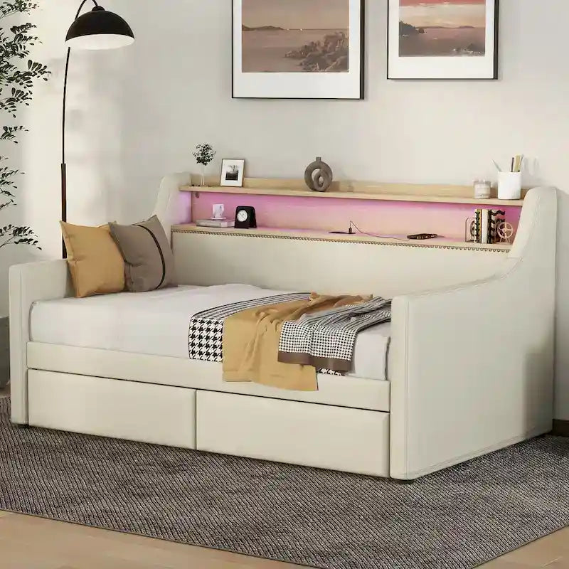 Divano letto imbottito singolo con contenitore e luci LED