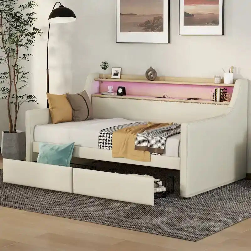 Divano letto imbottito singolo con contenitore e luci LED