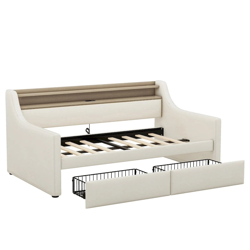 Divano letto imbottito singolo con contenitore e luci LED