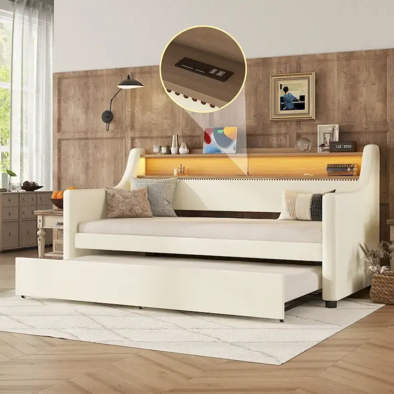 Letto a una piazza imbottito con letto estraibile e LED