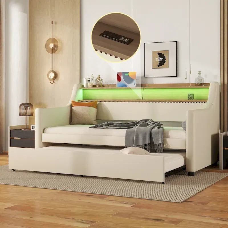 Letto a una piazza imbottito con letto estraibile e LED