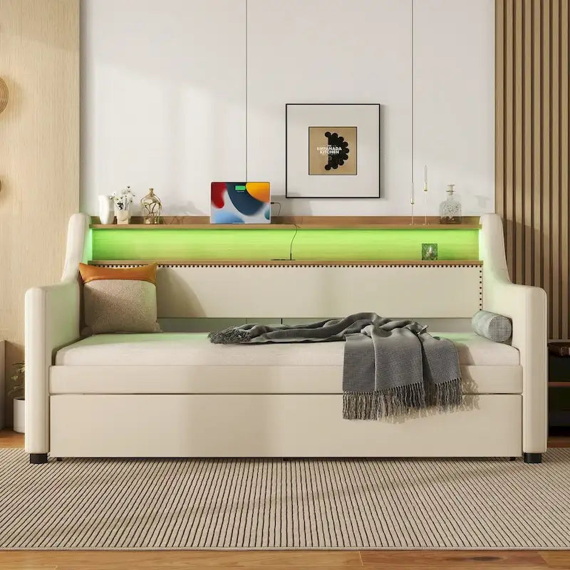 Letto a una piazza imbottito con letto estraibile e LED
