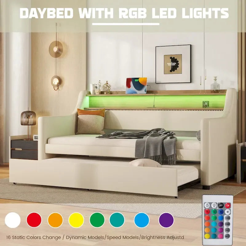 Letto a una piazza imbottito con letto estraibile e LED
