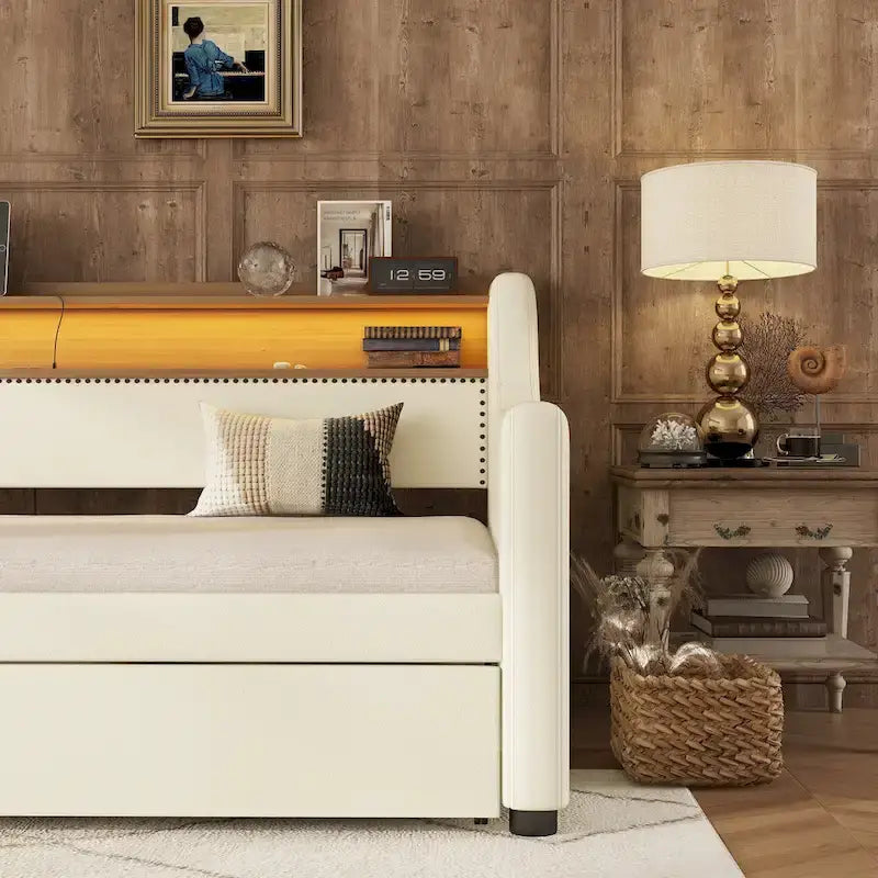Letto a una piazza imbottito con letto estraibile e LED