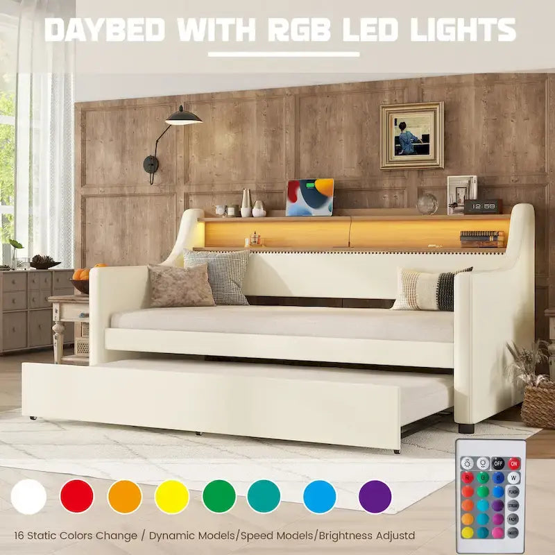 Letto a una piazza imbottito con letto estraibile e LED