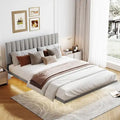Letto matrimoniale imbottito in velluto grigio con luce a sensore, design a piattaforma flottante e testiera