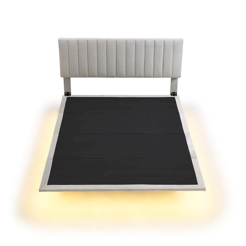 Letto matrimoniale imbottito in velluto grigio con luce a sensore, design a piattaforma flottante e testiera