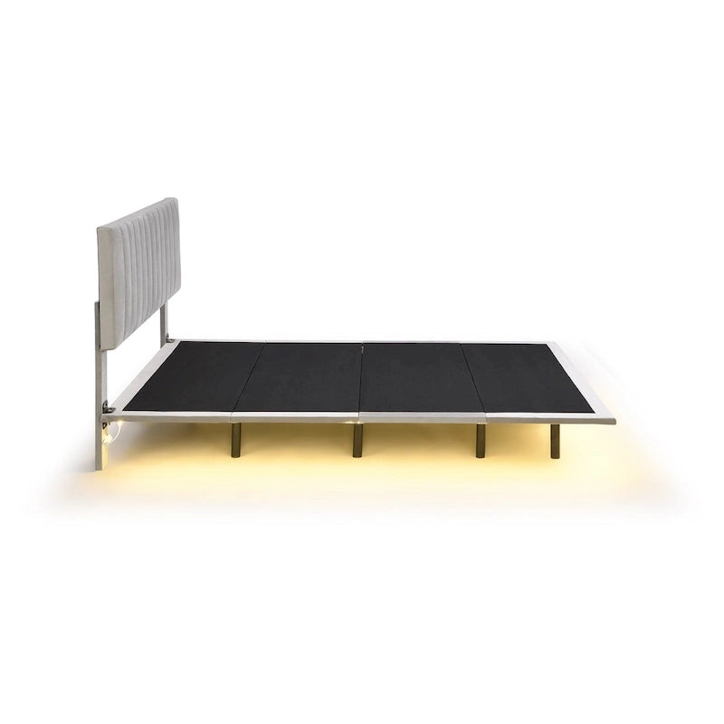 Letto matrimoniale imbottito in velluto grigio con luce a sensore, design a piattaforma flottante e testiera