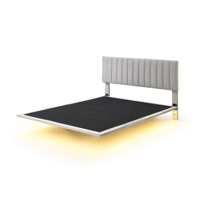 Letto matrimoniale imbottito in velluto grigio con luce a sensore, design a piattaforma flottante e testiera