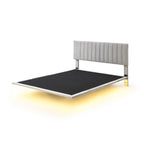 Letto matrimoniale imbottito in velluto grigio con luce a sensore, design a piattaforma flottante e testiera