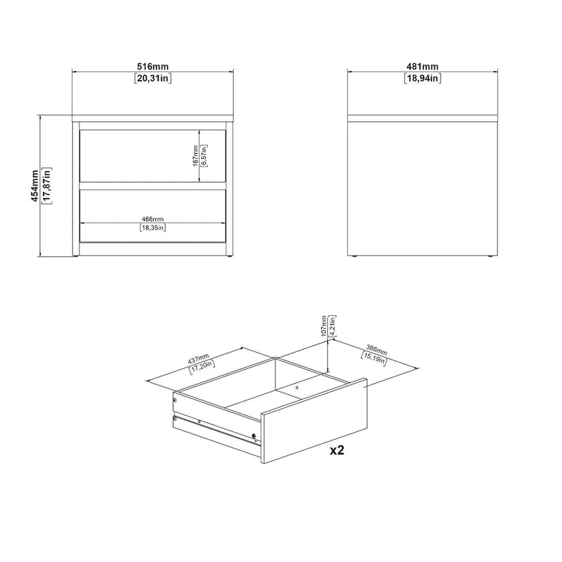 Comodino/Tavolino a 2 cassetti alto 43 cm