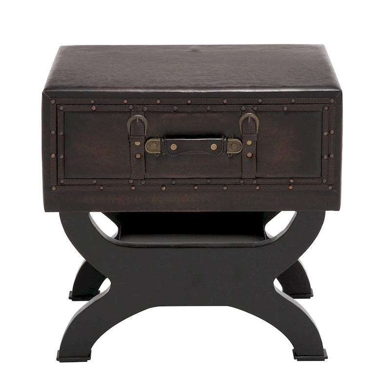 Faux Leather Vintage Style Single Drawer Accent Table with Curved Legs - Brown -  - 16W x 22L x 22H