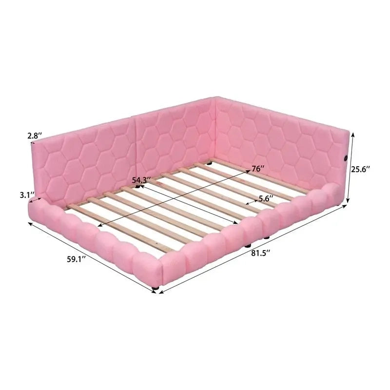Letto imbottito in Teddy Full Size con piattaforma, porte USB e striscia LED