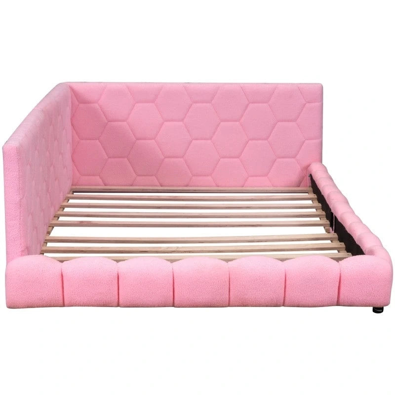 Letto imbottito in Teddy Full Size con piattaforma, porte USB e striscia LED
