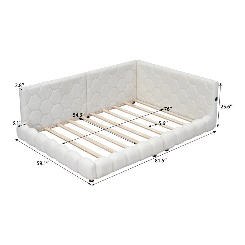 Letto imbottito in Teddy Full Size con piattaforma, porte USB e striscia LED