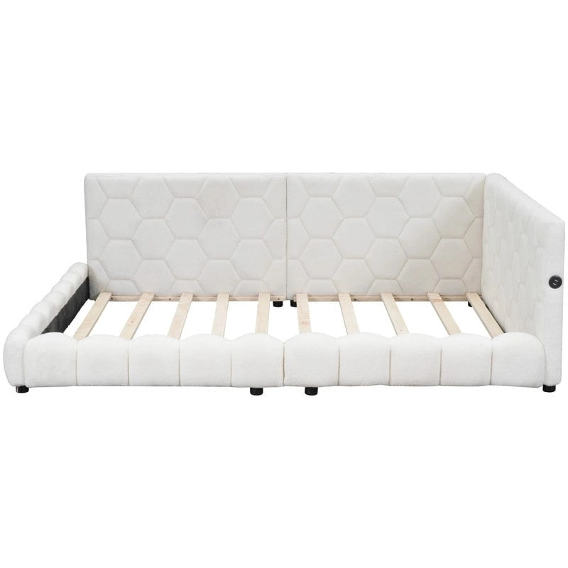 Letto imbottito in Teddy Full Size con piattaforma, porte USB e striscia LED