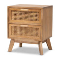 Tavolino comodino a 2 cassetti con finitura color noce marrone in legno Mid-Century Modern e rattan