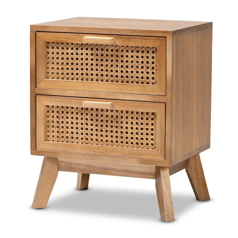 Tavolino comodino a 2 cassetti con finitura color noce marrone in legno Mid-Century Modern e rattan