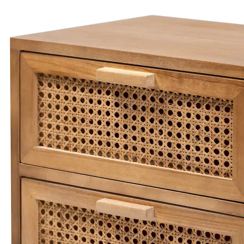 Tavolino comodino a 2 cassetti con finitura color noce marrone in legno Mid-Century Modern e rattan