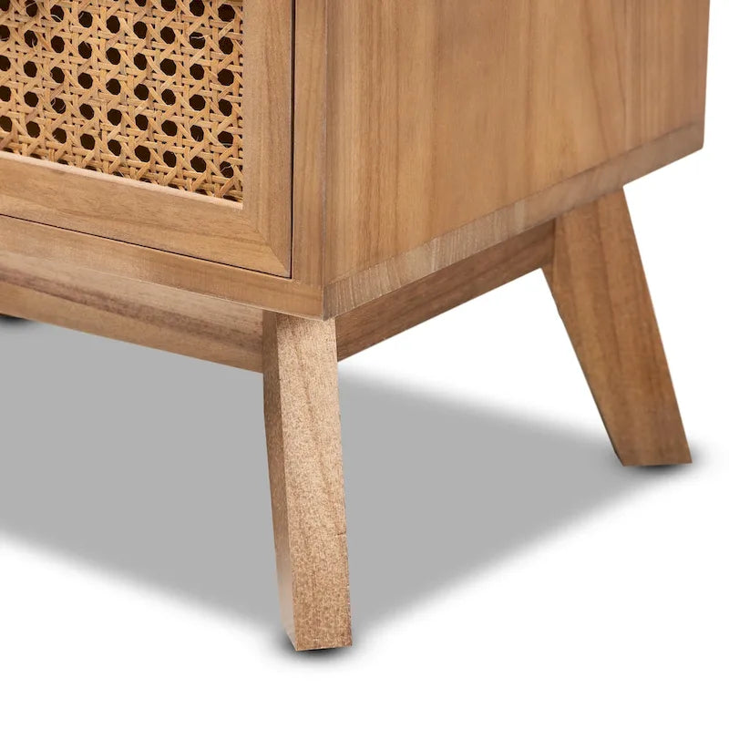 Tavolino comodino a 2 cassetti con finitura color noce marrone in legno Mid-Century Modern e rattan