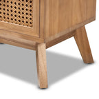 Tavolino comodino a 2 cassetti con finitura color noce marrone in legno Mid-Century Modern e rattan