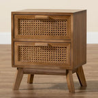 Tavolino comodino a 2 cassetti con finitura color noce marrone in legno Mid-Century Modern e rattan