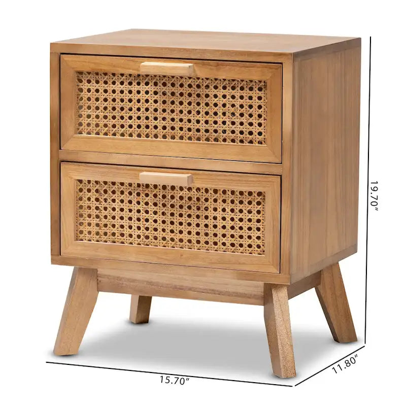 Tavolino comodino a 2 cassetti con finitura color noce marrone in legno Mid-Century Modern e rattan
