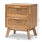 Tavolino comodino a 2 cassetti con finitura color noce marrone in legno Mid-Century Modern e rattan