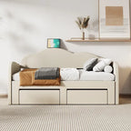 Lettino imbottito una piazza con schienale a nuvola, letto estraibile e 2 cassetti e porte USB, beige