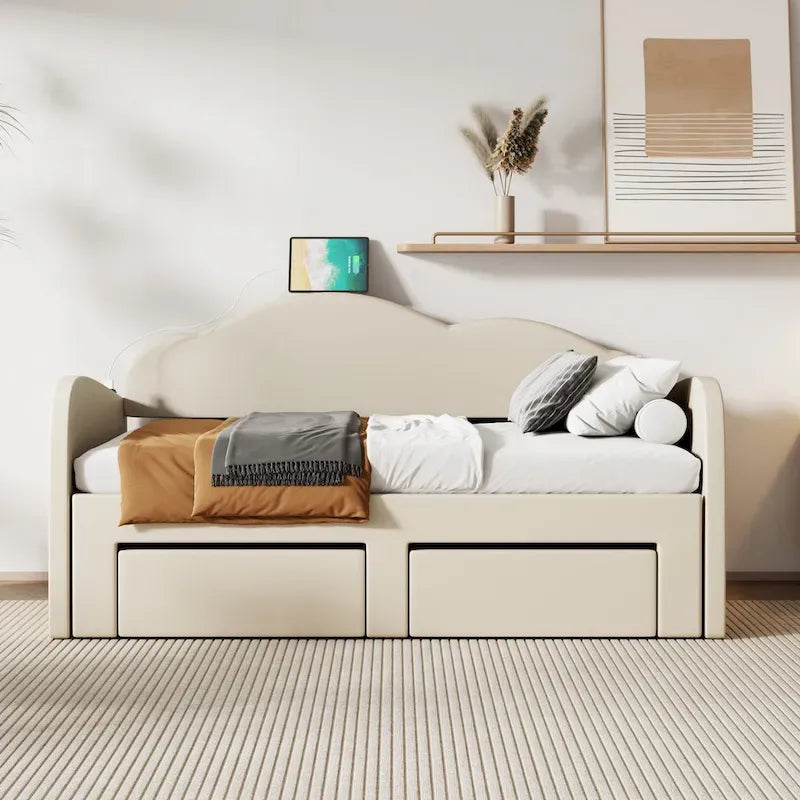 Lettino imbottito una piazza con schienale a nuvola, letto estraibile e 2 cassetti e porte USB, beige