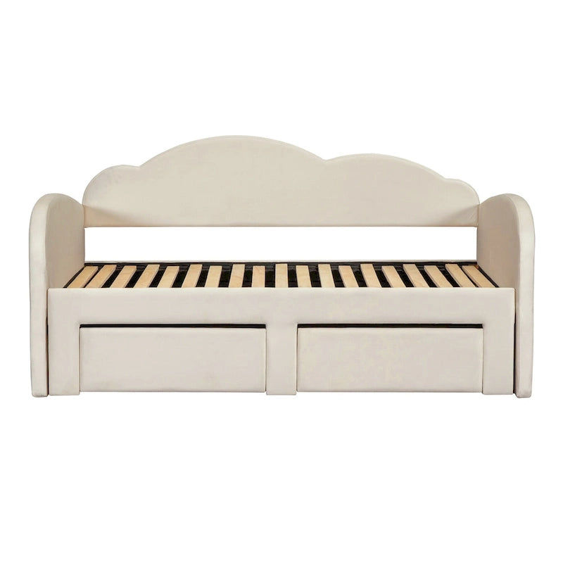 Lettino imbottito una piazza con schienale a nuvola, letto estraibile e 2 cassetti e porte USB, beige