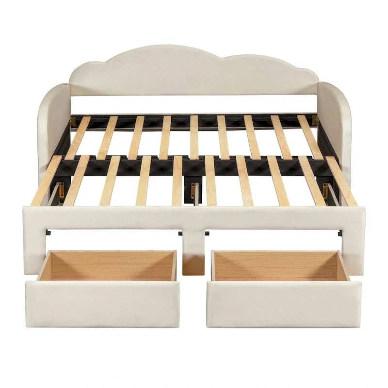 Lettino imbottito una piazza con schienale a nuvola, letto estraibile e 2 cassetti e porte USB, beige