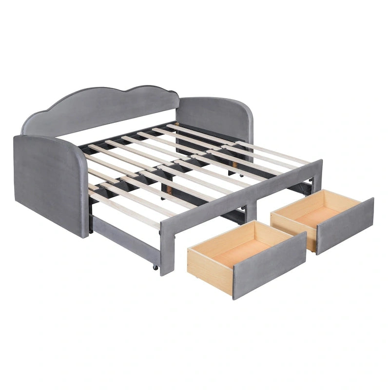 Lettino imbottito una piazza con schienale a nuvola, letto estraibile e 2 cassetti e porte USB, beige