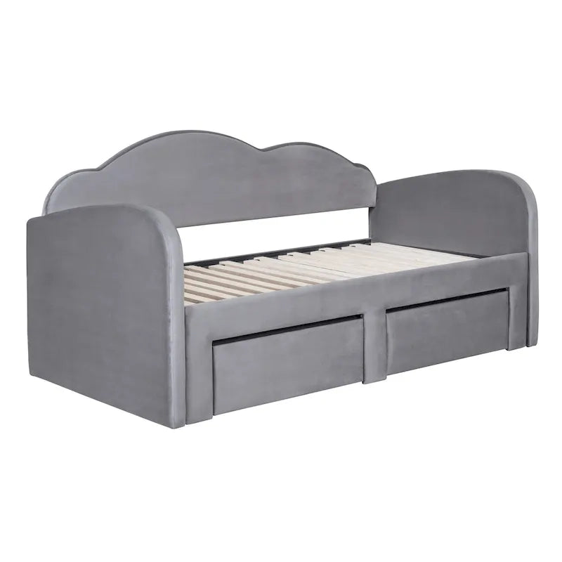Lettino imbottito una piazza con schienale a nuvola, letto estraibile e 2 cassetti e porte USB, beige