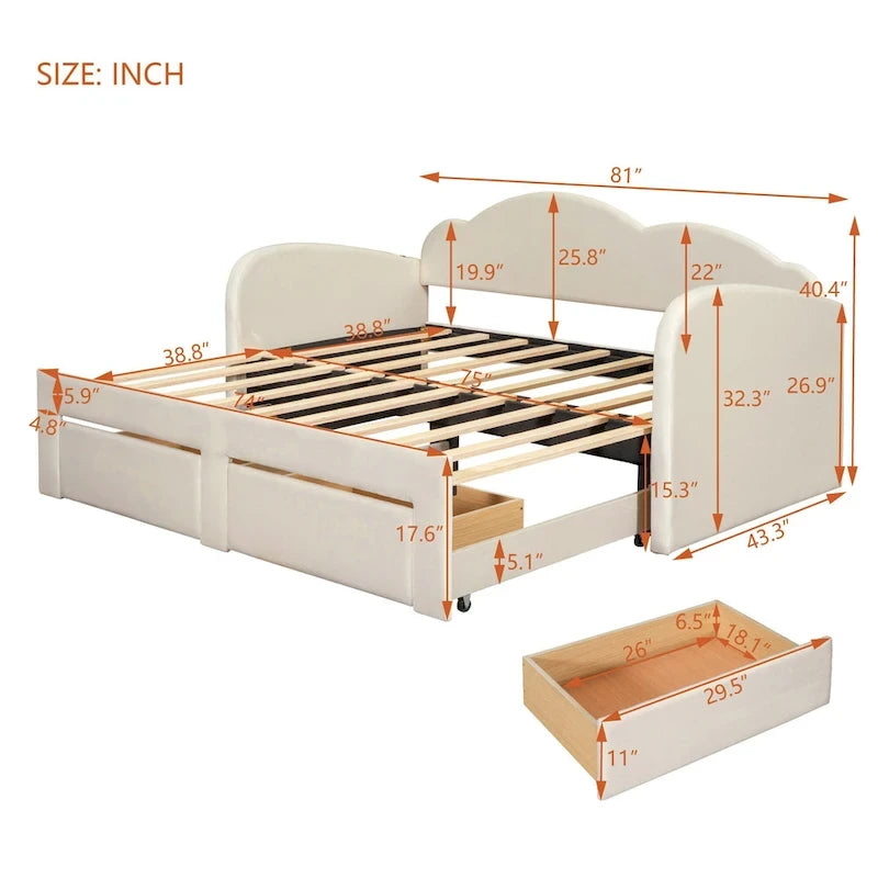 Lettino imbottito una piazza con schienale a nuvola, letto estraibile e 2 cassetti e porte USB, beige