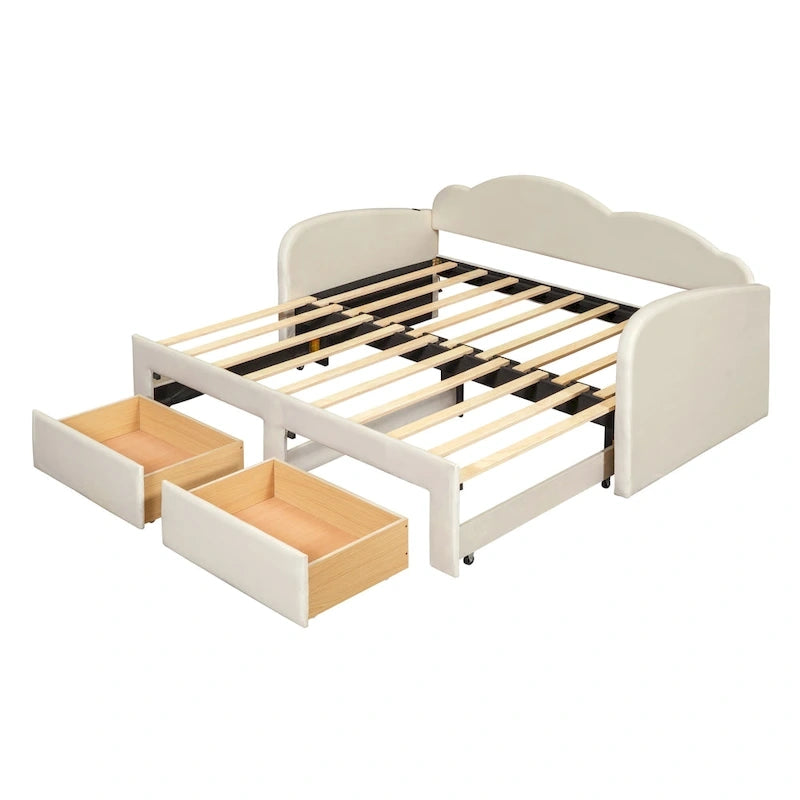 Lettino imbottito una piazza con schienale a nuvola, letto estraibile e 2 cassetti e porte USB, beige