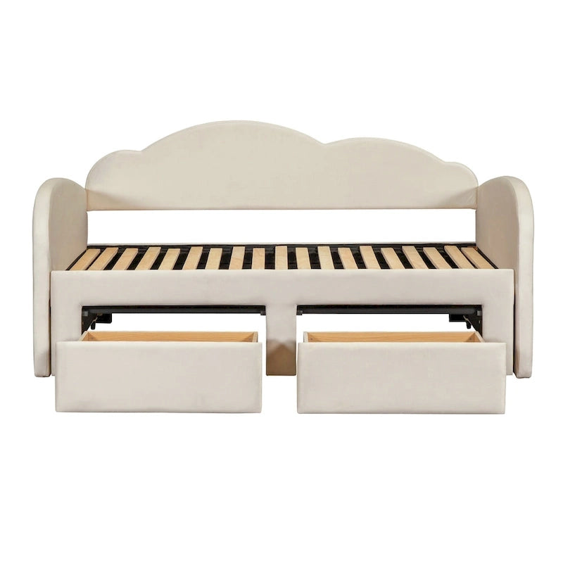 Lettino imbottito una piazza con schienale a nuvola, letto estraibile e 2 cassetti e porte USB, beige