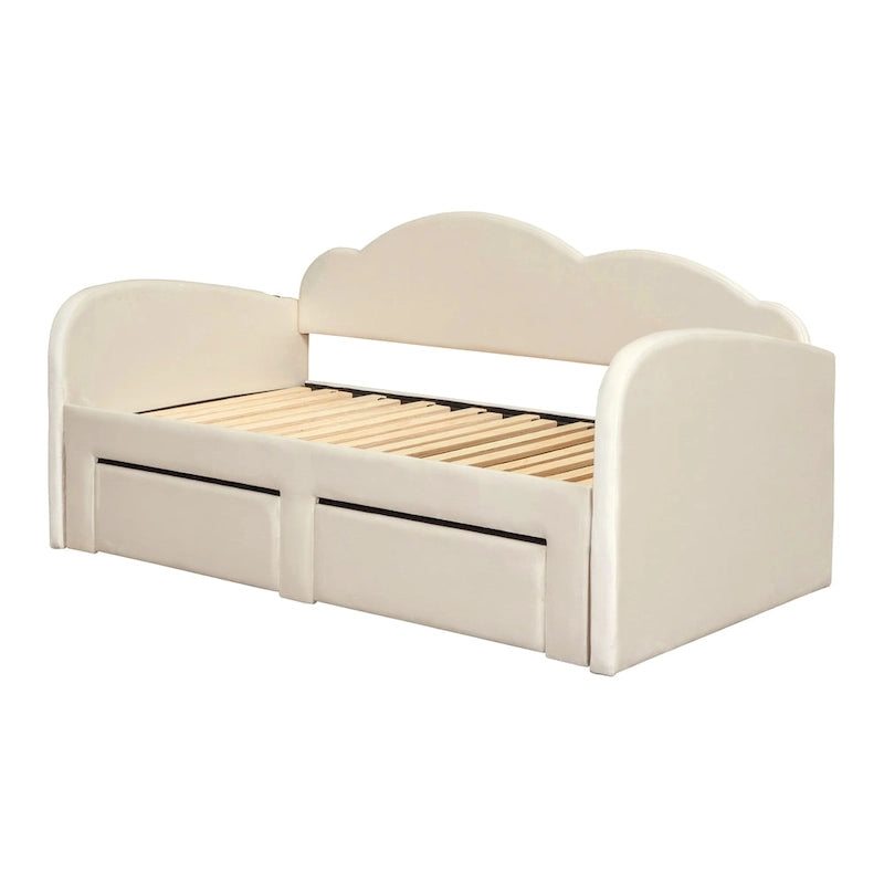 Lettino imbottito una piazza con schienale a nuvola, letto estraibile e 2 cassetti e porte USB, beige