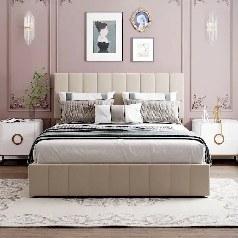 Letto a piattaforma imbottito queen size con sistema di archiviazione idraulico - Beige