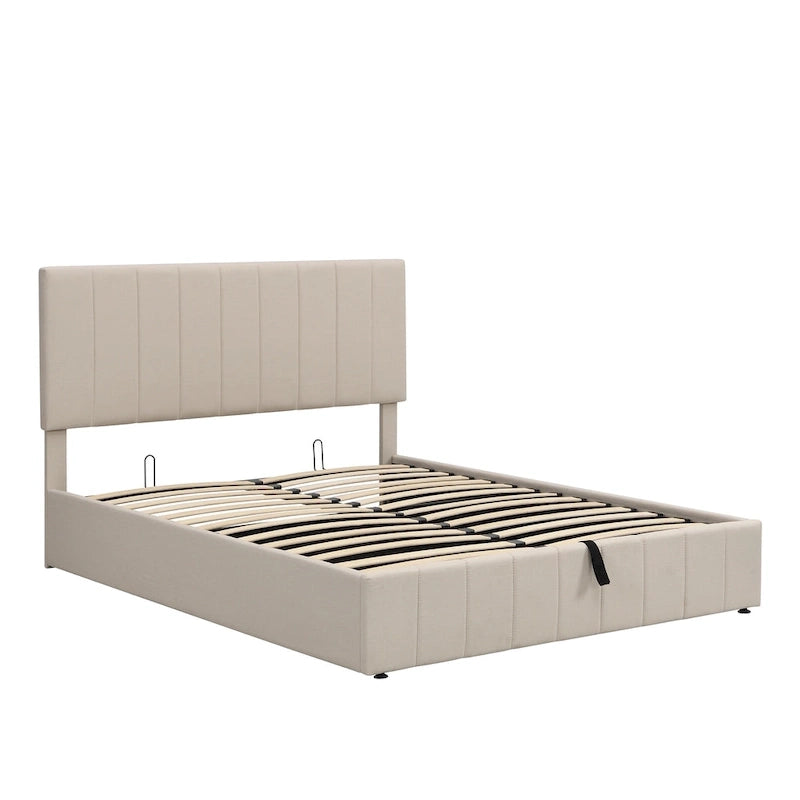 Letto a piattaforma imbottito queen size con sistema di archiviazione idraulico - Beige