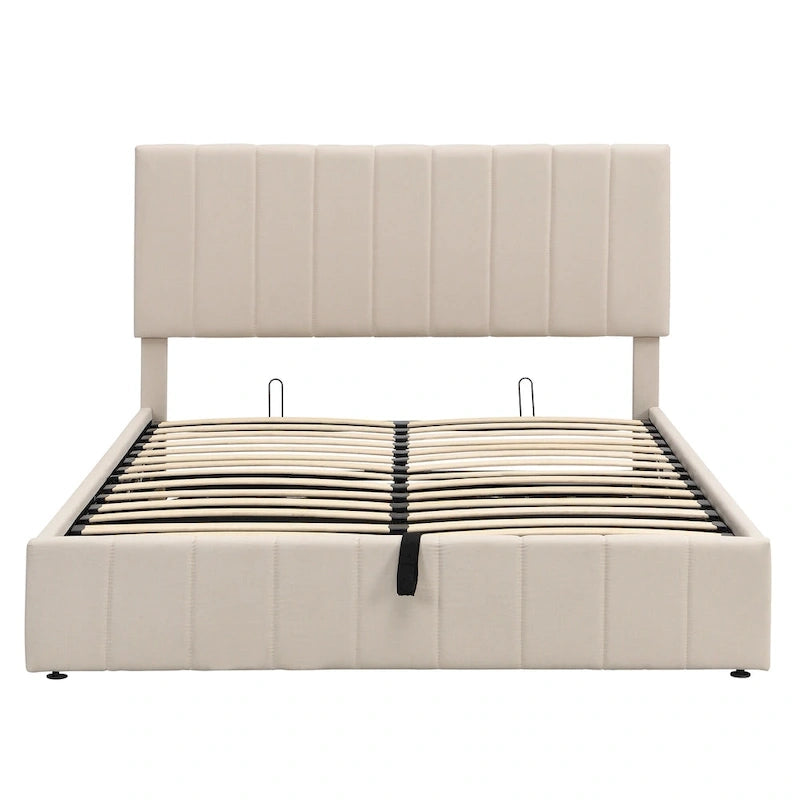 Letto a piattaforma imbottito queen size con sistema di archiviazione idraulico - Beige