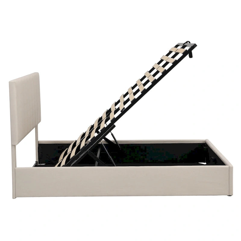 Letto a piattaforma imbottito queen size con sistema di archiviazione idraulico - Beige