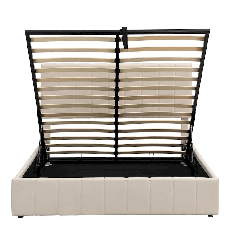 Letto a piattaforma imbottito queen size con sistema di archiviazione idraulico - Beige