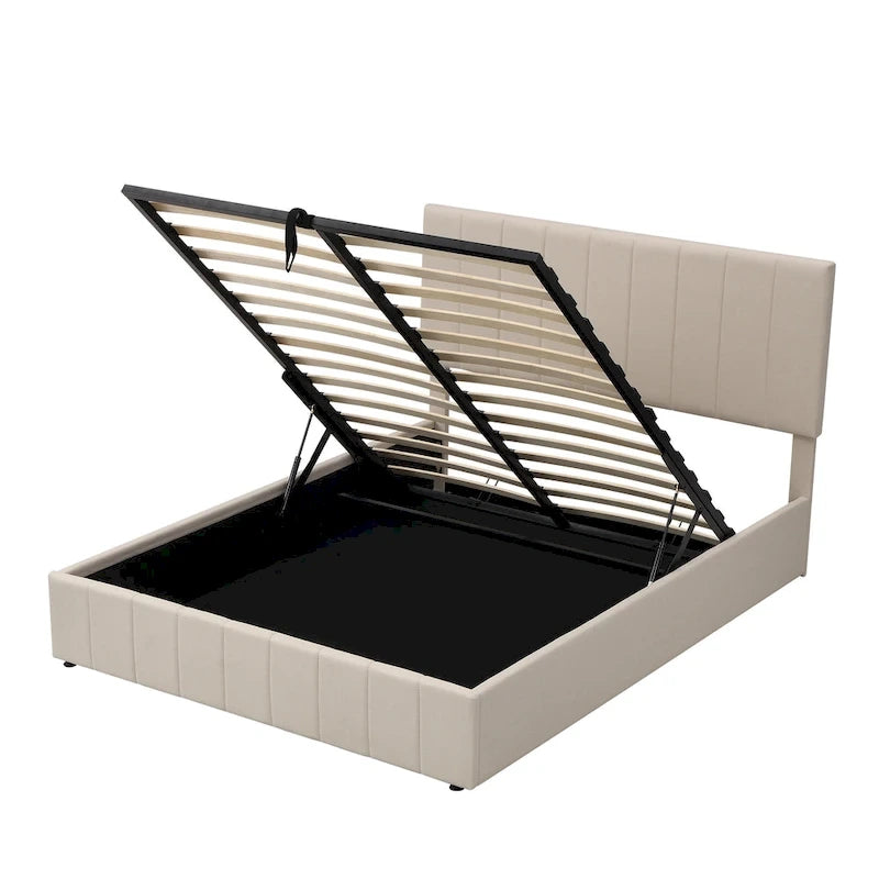 Letto a piattaforma imbottito queen size con sistema di archiviazione idraulico - Beige