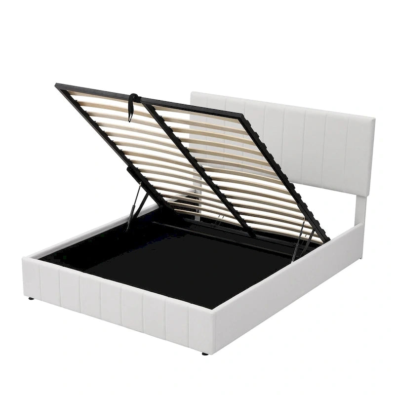 Letto a piattaforma imbottito queen size con sistema di archiviazione idraulico - Beige