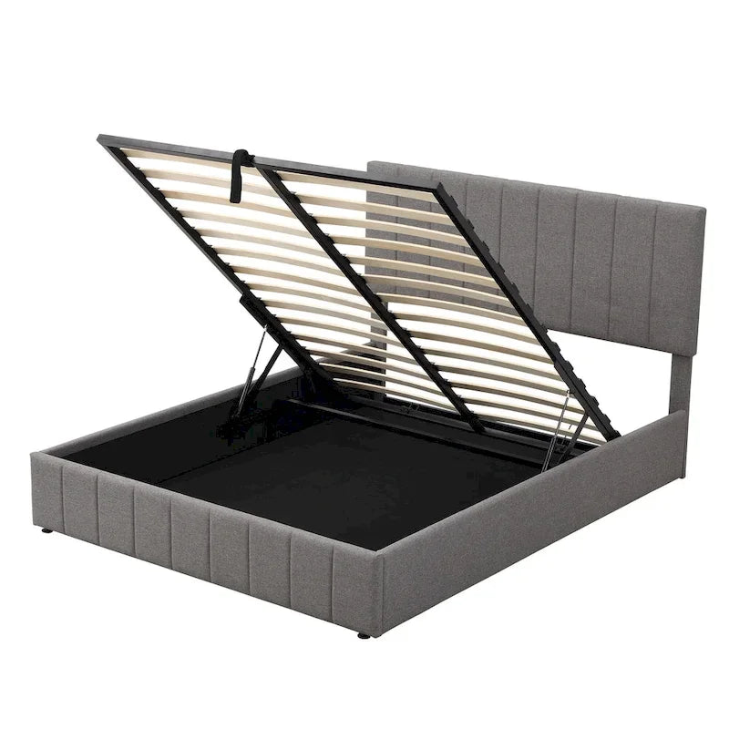 Letto a piattaforma imbottito queen size con sistema di archiviazione idraulico - Beige