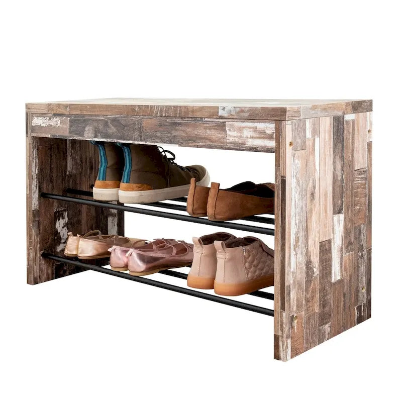  Two-Tier Industrial Shoe Bench in Distressed Wood Finish