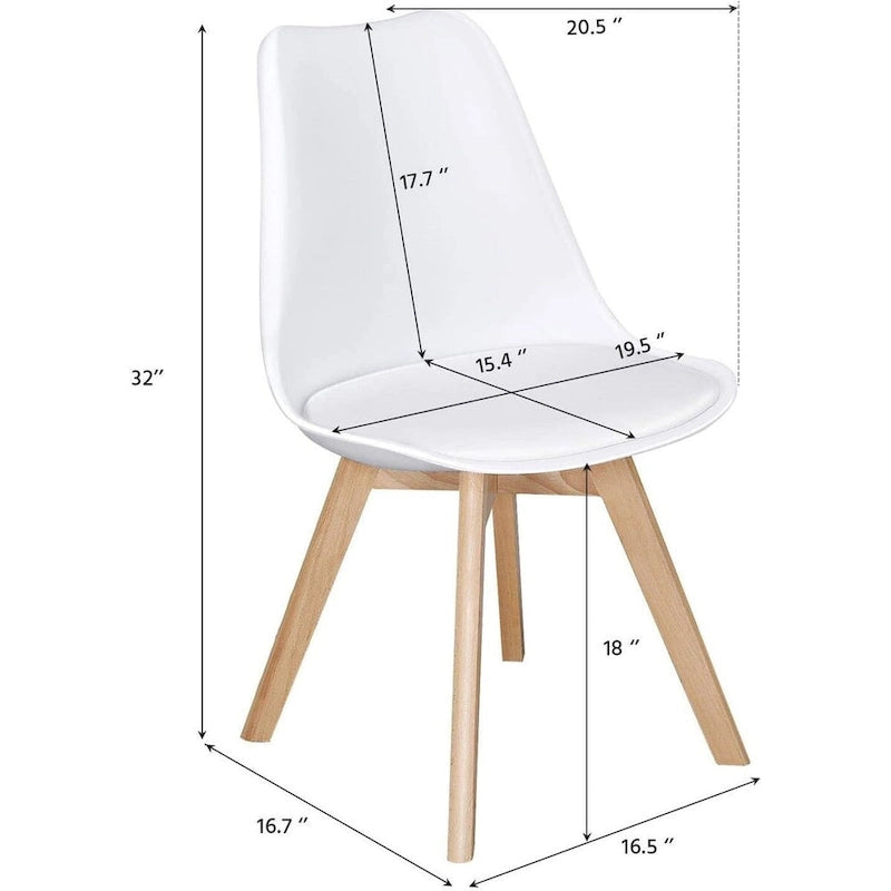 Set di 4 sedie da pranzo moderne con scocca bianca, seduta imbottita e gambe in legno di faggio - 48,26 cm L x 53,34 cm P x 81,28 cm H