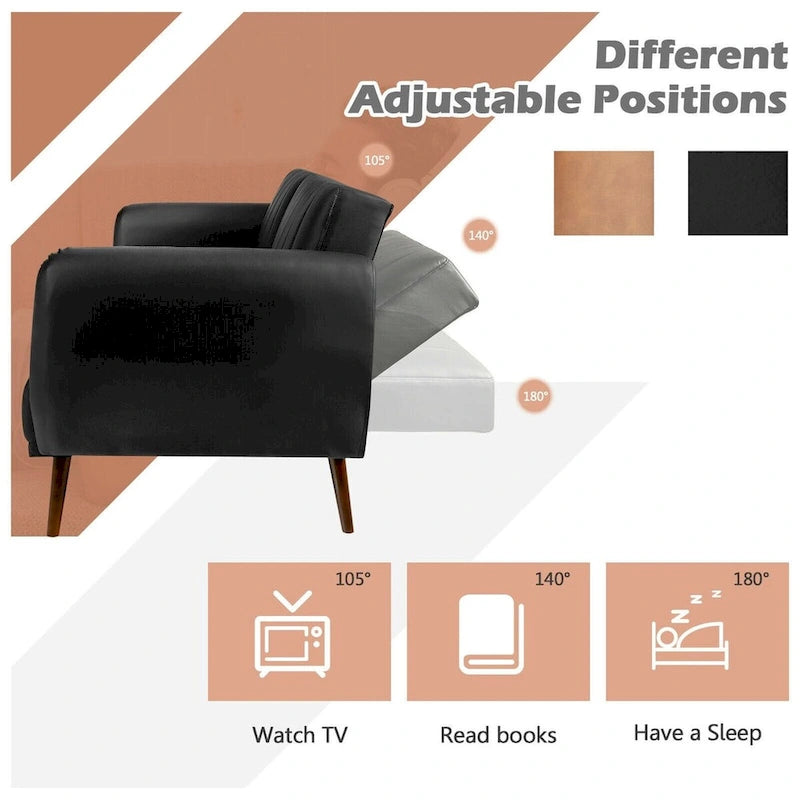 Divano Letto Futon Convertibile in Pelle PU, Divano Letto Regolabile con Gambe in Legno - 81 x 33,5 x 31,5 (L x P x A)